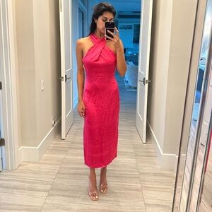 FUCHSIA SATIN CROSS OVER HALTER NECK MIDI DRESS